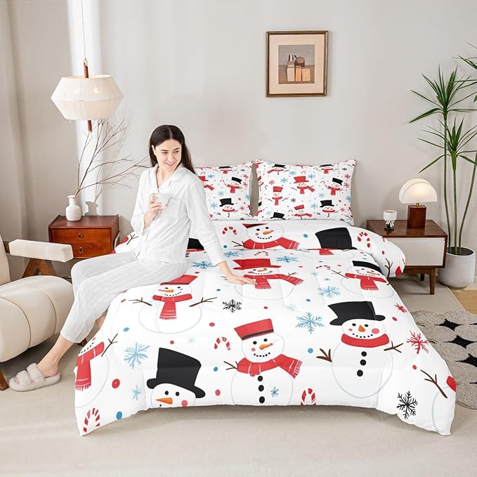 Feelyou Merry Christmas Comforter Set All Season Snowman Bedding Set with 1 Pillow Cases Winter Holiday Microfiber Kids Twin Bedclothes New Year Gift Bedroom Decor Duvet Quilt Soft Lightweight