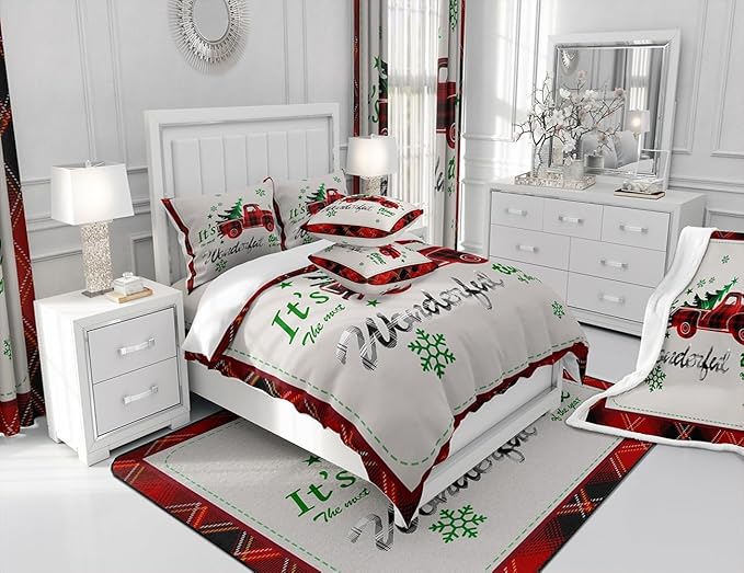 Manfei Xmas Truck Duvet Cover Set Full Size, Christmas Tree Snowflake Print Bedding Set 3pcs for Kids Boys Girls Bedroom Decor, Red Plaid Print Comforter Cover with 2 Pillowcases,No Comforter