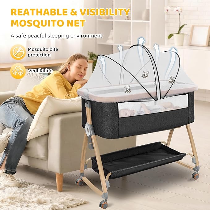 Bedside Bassinet,Bassinet Bedside Sleeper,3 in 1 Bedside Bassinet for Baby,Rocking Bassinet with Mattress,Mobile,Mosquito Net,Storage Basket,6-Height Adjustable Bassinet with Wheels for Newborn