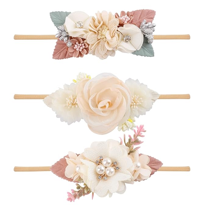cherrboll 3pcs Baby Girl Flower Headbands, Super Soft & Stretchy Nylon Floral Hairbands for Newborn Toddler