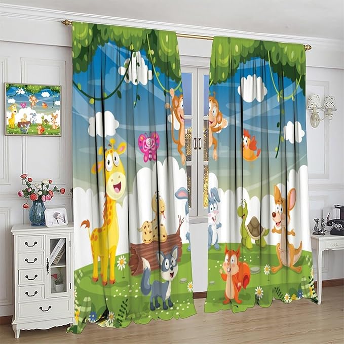 Animal Curtains, Cartoon Cute Woodland Jungle Forest Animals Pattern Blackout Window Treatments, Rod Pocket Thermal Insulated Drapes 2 Panel Sets for Kids Nursery Bedroom Classroom, 42" W X 63" L