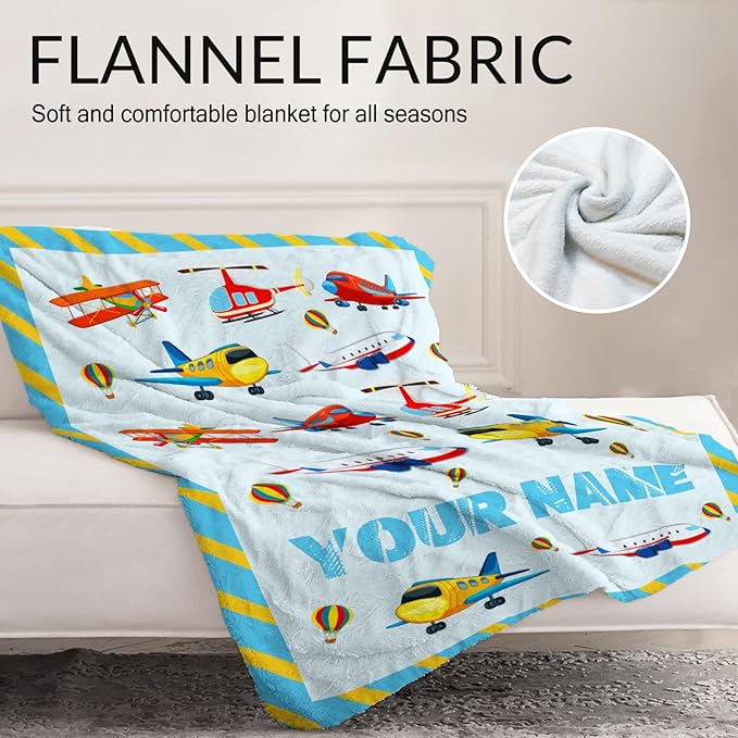 Personalized Airplane Throw Blanket Gift - 30" x 40" Inches Lightweight Warm Blanket for Lap, Couch, Office - Blue Cartoon Throw for Boys Kids