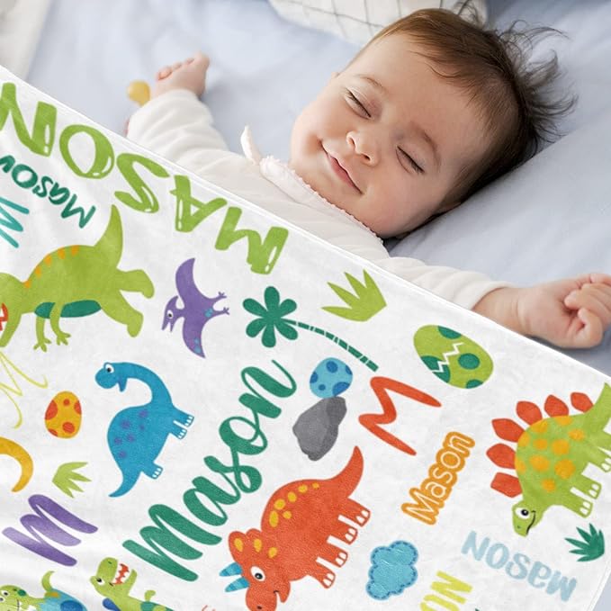 Personalized Dinosaur Blanket with Name for Boys, Custom Name Blanket for Kids Dino, Soft Flannel Dinosaur Toddler Blanket Customized Gift for Birthday Christmas Baby Shower Newborn Gift 60" X 80"