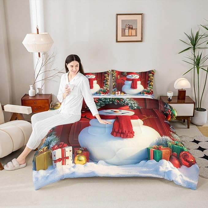 Feelyou Merry Christmas Kids Comforter Set Toddler Size Cute Snowman Bedding Set Duvet Quilt for Kids Boys Girls Bedroom Snowflake Decor Microfiber Ultra Soft Breathable