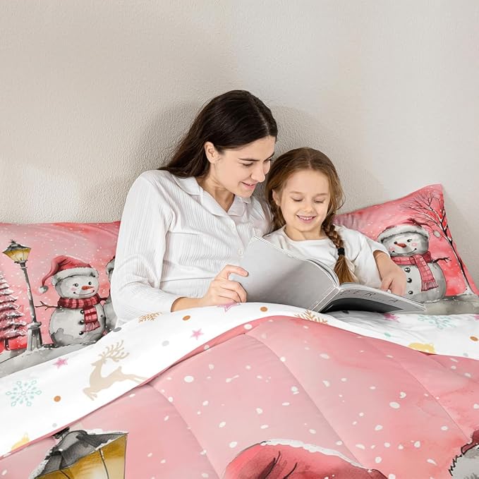 Feelyou Christmas Bedding Set Soft for Boys Girls, Pink Watercolor Snowman Comforter Set Twin Size Xmas Winter Duvet Quilt Microfiber Snowflake Bedroom Decor 2 Pcs with 1 Pillow Cases
