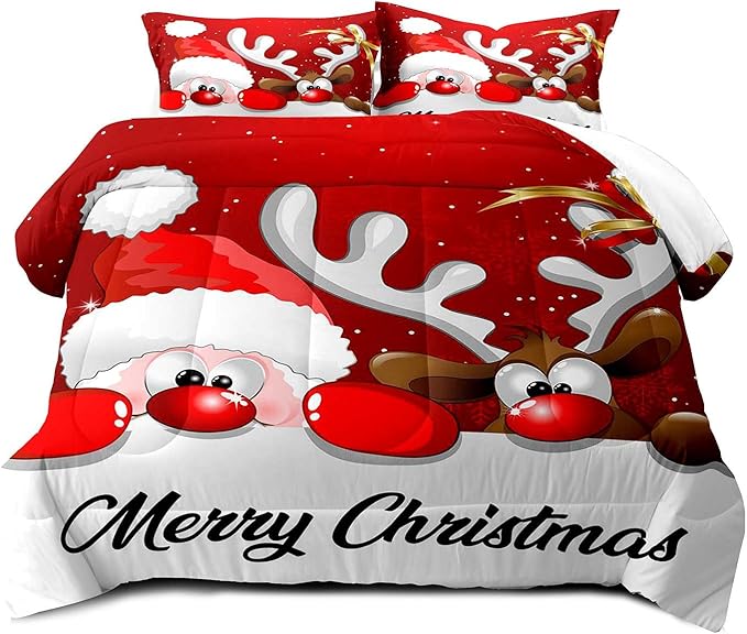 LUVIVIHOME 3PCS Merry Christmas Comforter Set Full Size, Funny Santa Claus Bedding, Reindeer Cute Christmas Bedroom Decor for Kids Boys Girls Teens, Xmas Gifts, 2 Pillow Cases