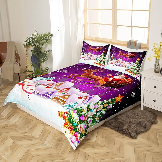 Manfei Xmas Duvet Cover Set Twin Size, Snowman Christmas Tree Bedding Set for Kids Boys Girls, Santa Claus with Reindeer Comforter Cover New Year Theme Quilt Cover with 1 Pillowcase, No Comforter