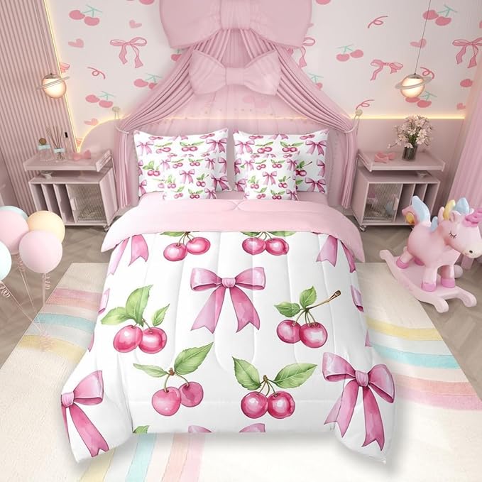 7 Pieces Pink Bowknot Kids Comforter Twin,Cherry Tropical Fruit Bow Patchwork Bedding Set,Bow Tie Butterfly Knot Princess Dreamy（Comforter+Fitted+Flat Sheet+2 Pillowcases+2 Throw Pillow Covers）