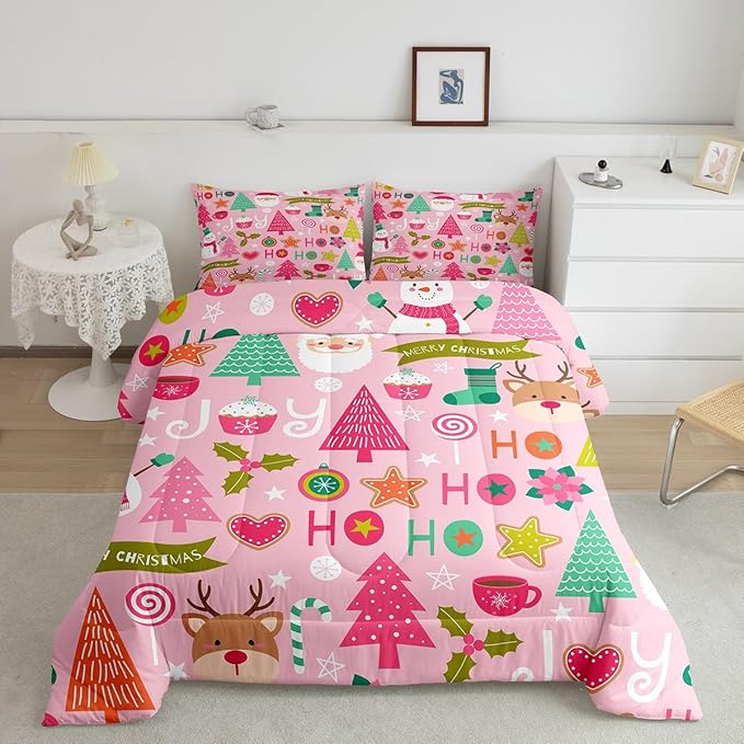 Merry Christmas Kids Comforter Set Queen Size,Cartoon Santa Claus Snowman Bedding Set,Boys Girls Adults Room Decor,Christmas Trees Deer Cute Down Comforter,Pink Romantic Duvet Insert,2 Pillowcases