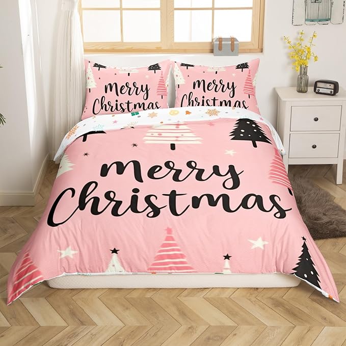 Feelyou Merry Christmas Bedding Set Christmas Tree Duvet Cover for Kids Boys Girls Stars Print Comforter Cover Pink Christmas Bedspread Cover with 2 Pillowcases 3Pcs Bedding King,No Comforter