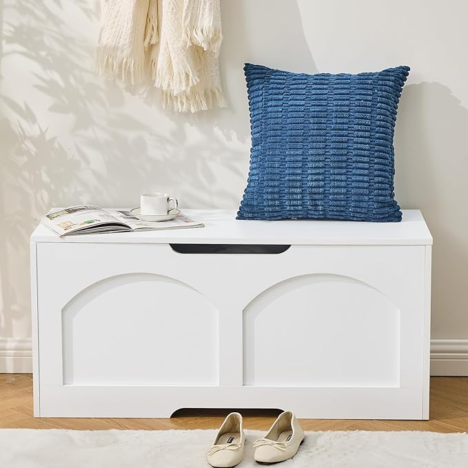 Storage Chest, Wooden Storage Bench Trunk, Upgraded Safety Lift Support Hinge, Large Entryway Bench Box, 31.5" x 15.7" x 18.3" Storage Box Chest Organizer Bench, White