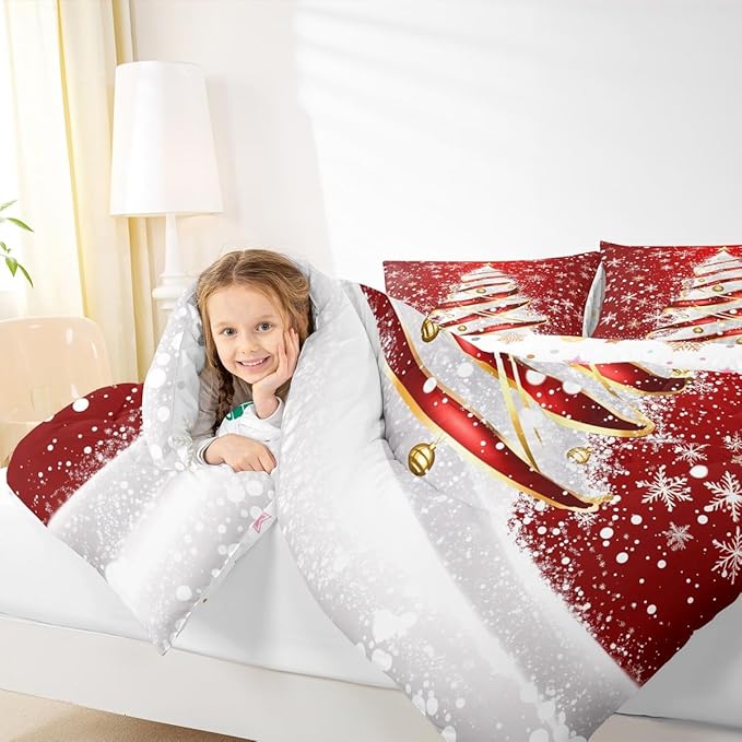 Feelyou Merry Christmas Comforter Set Toddler Size Christmas Tree Bedding Set for Kids Boys Girls Snowflake Duvet Quilt Winter Bedroom Decor Microfiber 2 Pcs with 1 Pillow Cases