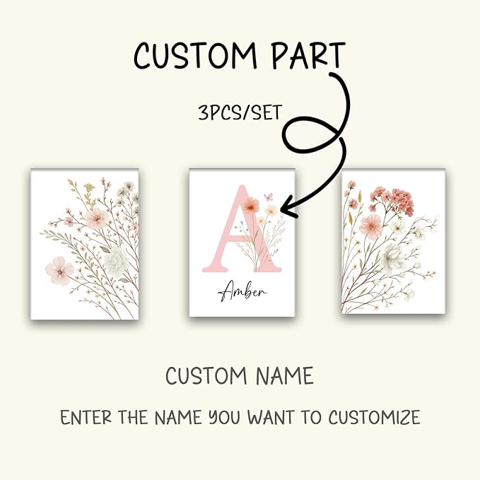 Personalized Girls Nursery Wall Art - Custom Name Pink Floral Butterfly Canvas Print 3pc Framed Wrapped Canvas for Bedroom Living Room Entryway Study Room Initial Wall Decor Baby Shower Birthday Easter Graduation New Year Valentine's Day Gift (20×30cm/...