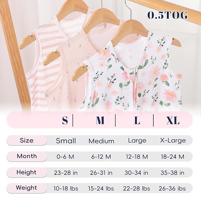PHF Soft Baby Sleep Sack 0-6 Months 100% Organic Cotton Wearable Blanket, 2-Way Zipper 0.5 TOG Toddler Sleeping Sack 3 Pack, Comfy Sleep Bag for Baby Girls, Pink Floral (Small)
