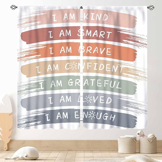 Rainbow Curtains for Classroom, Kids Girls Baby Boho Cute Inspirational Motivational Quotes Cartoon Colorful Pastel Nursery Classroom Bedroom Living Room Bathroom Window Drapes 2 Panels, 42"x63" Inch