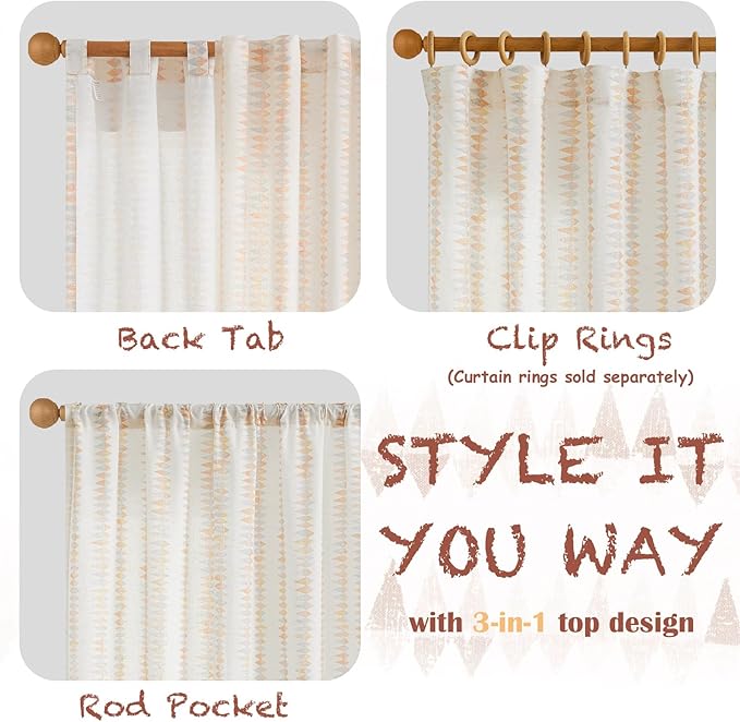 jinchan Linen Nursery Curtains for Living Room Boho Curtains for Bedroom Kids Room 63 Inches Long Pink Geometric Printed Farmhouse Drapes Rod Pocket Window Treatment Curtain Set of 2 Panels Peachy