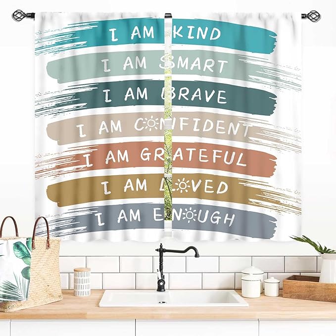 Rainbow Curtains for Classroom, Kids Girls Baby Boho Cute Inspirational Motivational Quotes Cartoon Colorful Pastel Nursery Classroom Bedroom Living Room Bathroom Window Drapes 2 Panels, 55x39 Inch