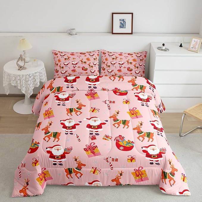 Feelyou Christmas Bedding Set for Kids Boys Girls Full Size Santa Claus Comforter Set Ultra Soft Xmas Deer Elk Decor Comforter Duvet Quilt Bedroom Decor Christmas Decor Quilt