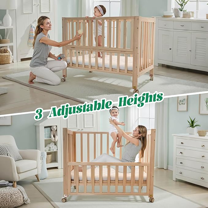 Foldable Mini Baby Crib - Portable 4-in-1 Convertible Baby Cribs,Pine Wood Bedside Bassinet,3 Heights Bassinet Bedside Sleeper with A Sponge Mattress,Wheeled,Unpainted