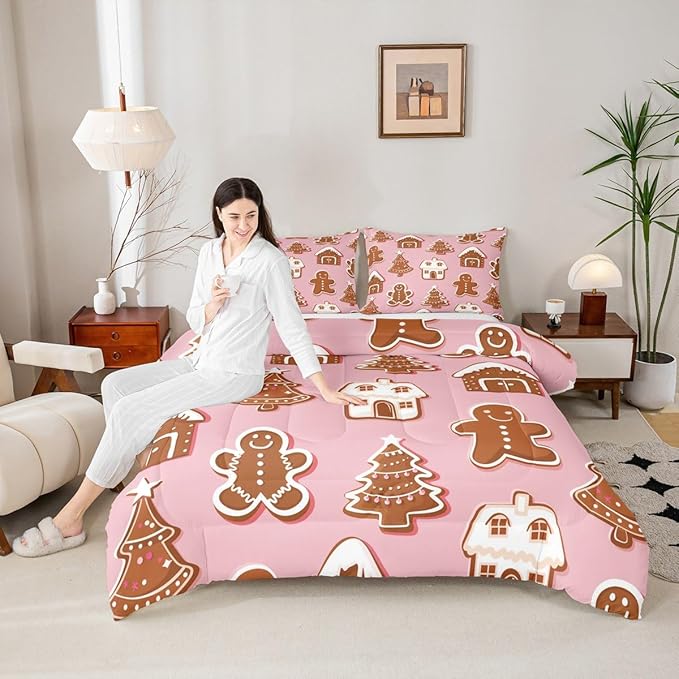 Feelyou Christmas Comforter Set Queen Size Gingerbread Man Bedding Set for Kids Boys Girls Snowflake Duvet Quilt Xmas Tree Bedroom Decor Microfiber 3 Pcs with 2 Pillow Cases