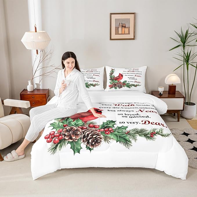 Red Cardinal Kids Bedding Set King Size,Christmas Birds Holly Pinecones Comforter Set,Berries Poinsettia Rustic Animal Quilt Comforter,White Red Green Bedroom Duvet Insert,2 Pillowcases