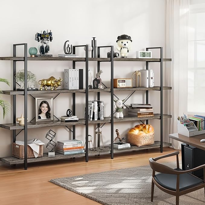 Bookcase, 47 Inch Wide Wood Bookshelf, 120lbs Shelf Capacity Estante, Rustic Open Shelving Industrial Display with Reinforced Horizontal Shelves for Living Room Bedroom Office (4 Tier - Grey)