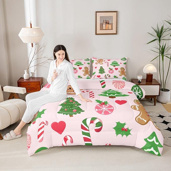 Feelyou Merry Christmas Kids Comforter Set Queen Size Gingerbread Man Bedding Set Christmas Decor Duvet Quilt for Kids Boys Girls Bedroom New Year Gift Decor Microfiber Ultra Soft Breathable