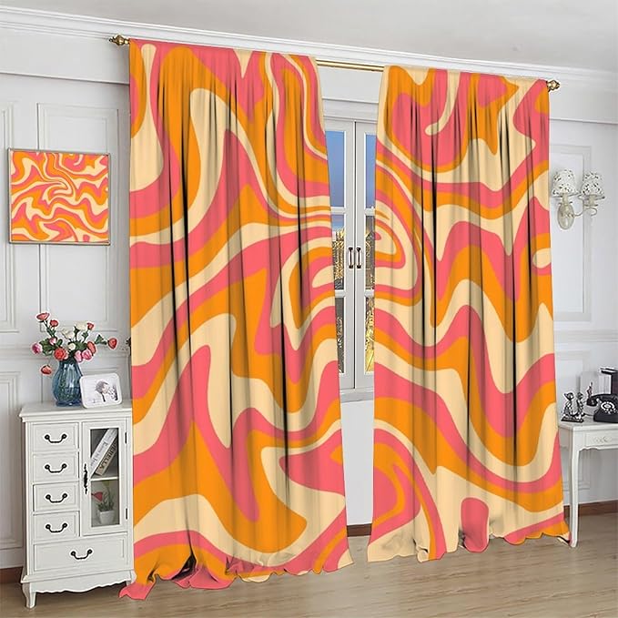 Abstract Wavy Swirl Curtains,60s 70s Groovy Aesthetic Retro Boho Orange Pink Abstract Curtains for Girls Bedroom Living Room Window 63"" W X 72"" L, Style-2