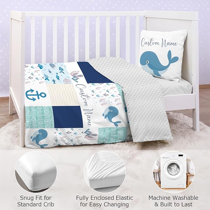 Personalized Baby Crib Bedding Set,3 Piece Custom Name Nursery Set with Blanket, Fitted Sheet & Pillowcase for Baby Girls & Boys, Ocean Wonders Theme(Fixed Size)