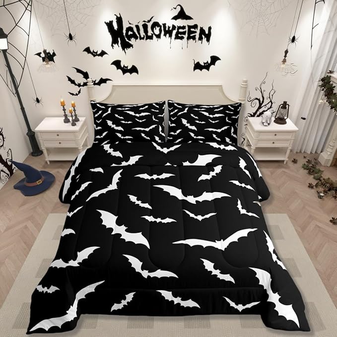 Erosebridal Bat Comforter Set Toddler Size for Kids Bedroom with 1 Pillow Case Happy Halloween Bedding Set Gothic Spooky Duvet Insert Cartoon Style Quilt, Black White