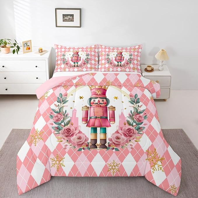 Feelyou Christmas Comforter Set Full Size Pink Nutcrackers Bedding Set for Kids Boys Girls Rhombus Pattern Duvet Quilt Floral Bedroom Decor Snowflake Microfiber 3 Pcs with 2 Pillow Cases