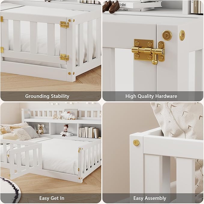 mikibama Full Size Floor Bed with Side Bookcase and Shelves, Montessori Floor Bed with Guardrails for Bedroom, Wood Full Floor Bed Frame with Storage for Girls, Boys, White