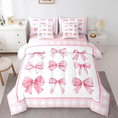 7 Pieces Pink Bowknot Kids Comforter Full,Geometric Plaids Grids Patchwork Fashion Bedding Set,Bow Tie Knot Princess Romantic Chic（Comforter+Fitted+Flat Sheet+2 Pillowcases+2 Throw Pillow Covers）