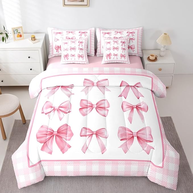 7 Pieces Pink Bowknot Kids Comforter Twin,Geometric Plaids Grids Patchwork Fashion Bedding Set,Bow Tie Knot Princess Romantic Chic（Comforter+Fitted+Flat Sheet+2 Pillowcases+2 Throw Pillow Covers）