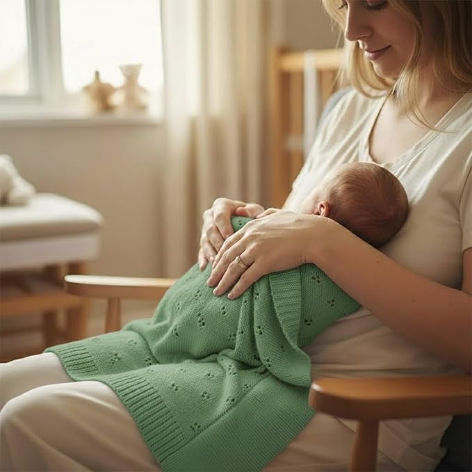 Baby Knit Blanket, 100% Cotton Eyelet Patterns, Soft, Cozy, Lightweight Swaddle for Newborn & Infant Swaddling Beige Neutral, Perfect Baby Shower Ideas Green 28x36