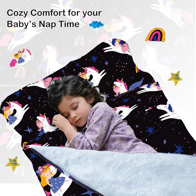 Toddler Nap Mat with Removable Pillow and Blanket, Cot Nap Mats for Daycare Preschool Kindergarten, Roll Up Lightweight Portable Travel Sleeping Bag, Black