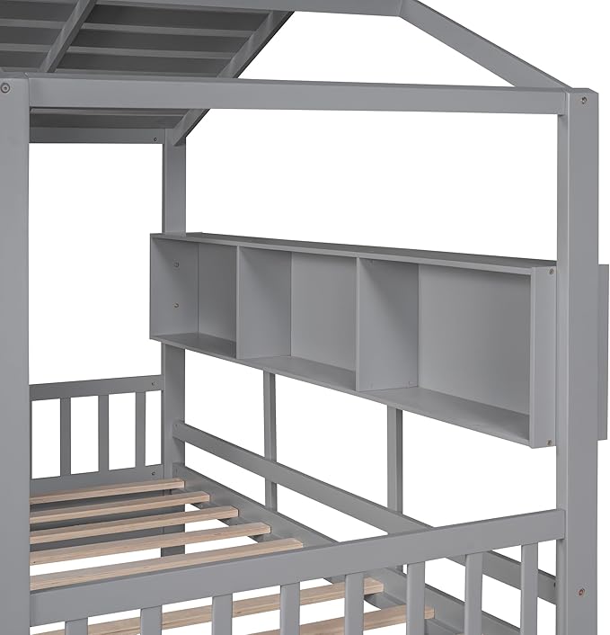 Harper & Bright Designs Twin Size Modern House Bed with Roof, Wooden Twin Size House Bed with 2 Drawers and Storage Shelf, Gray