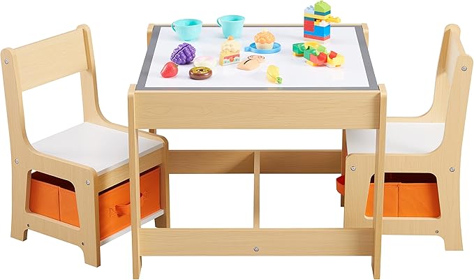 Kids Table and Chair Set, 3 in 1 Wooden Activity Table with Storage Drawer for Toddlers Drawing, Reading, Crafts, 2 in 1 Detachable Tabletop Table Set for Nursery, Playroom (Natural)