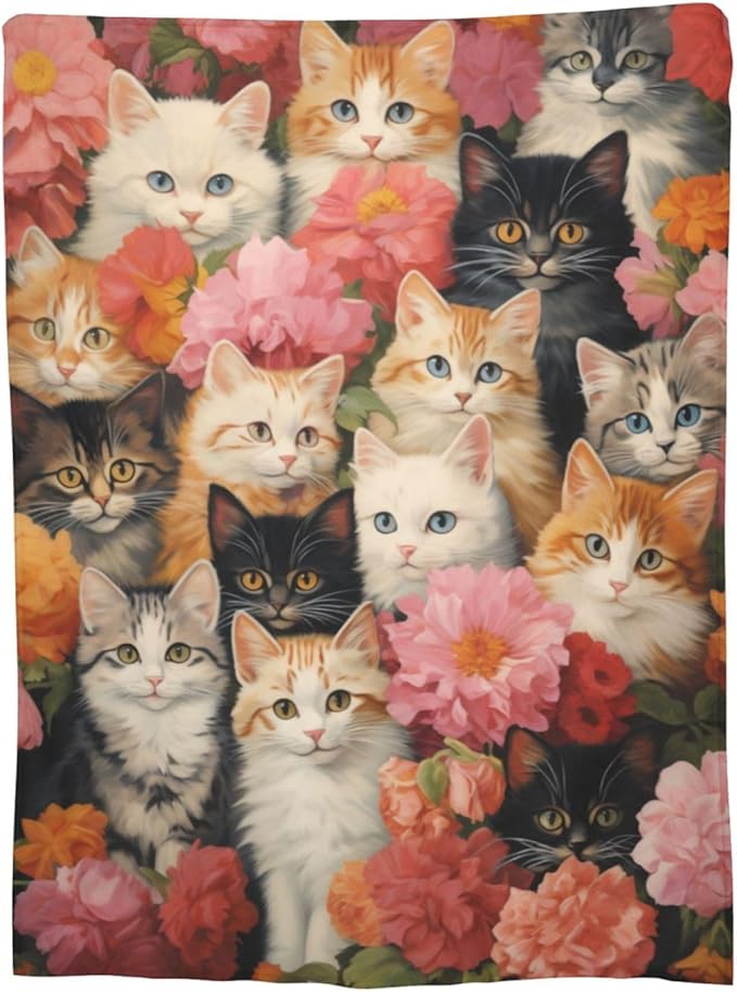Cute Cat Blanket Gifts for Floral Lovers Girls Women Kitten Flower Flannel Throw Blankets for Home Couch Bed Sofa Soft Christmas Lightweight Decor All Season 60x50 Inches