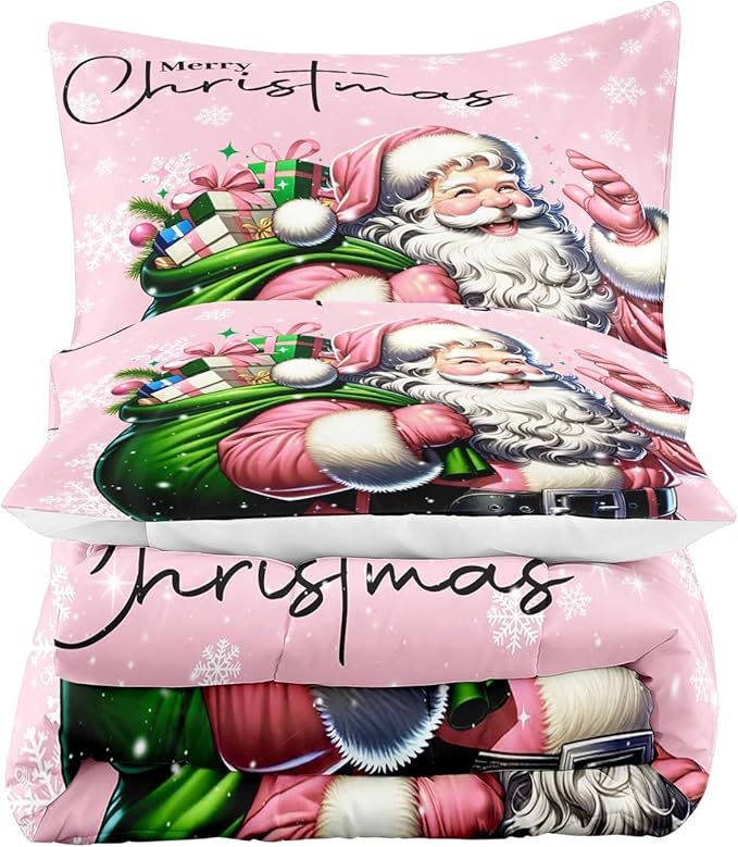 LUVIVIHOME 3PCS Merry Christmas Comforter Set Full Size, Funny Santa Claus Bedding, Kids Teens Girls Bedding, Winter Snowflake New Year Christmas Bedroom Decor, Pink Quilt, Xmas Gifts, 2 Pillow Shams