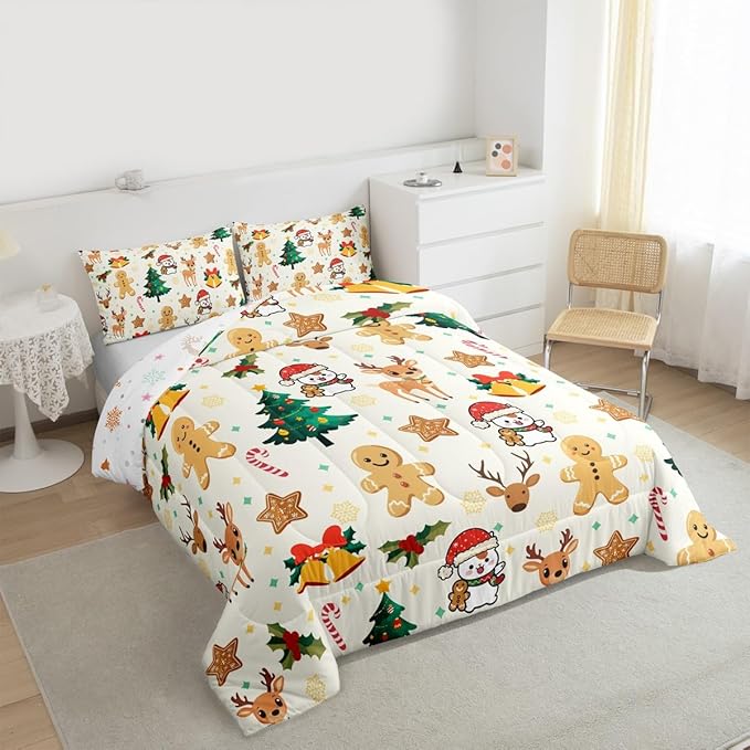 Feelyou Merry Christmas Kids Comforter Set Queen Size Gingerbread Man Bedding Set Cute Deer Duvet Quilt for Kids Boys Girls Bedroom Christmas Tree Decor Microfiber Ultra Soft Breathable