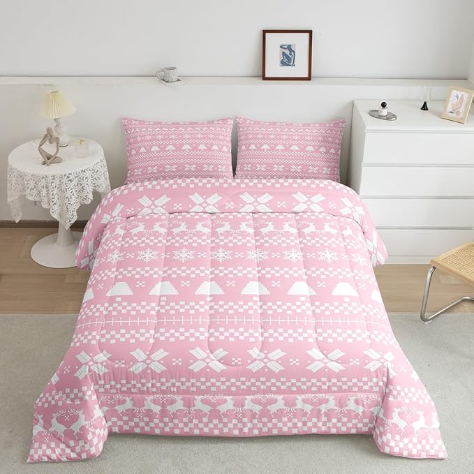 Feelyou Pink Christmas Bedding Set for Kids Boys Girls Queen Size Xmas Deer Elk Decor Comforter Set Ultra Soft Winter Comforter Snowflake Duvet Quilt Bedroom Decor Christmas Ornaments Quilt