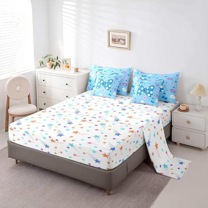 7 Pieces Blue Bowknot Kids Comforter Set Full,Daisy Flowers Geometric Dot Patchwork Bedding Set,Star Bow Tie Princess Cute Dreamy（Comforter+Fitted+Flat Sheet+2 Pillowcases+2 Throw Pillow Covers）