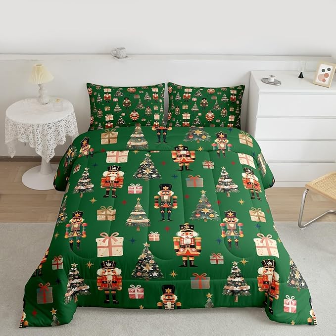 jejeloiu Xmas Nutcracker Comforter Set Toddler Size Christmas Green Bedding Set for Kids Boys Girls Cute Snowflakes Duvet Quilt Bedroom Decor