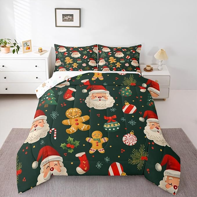 Feelyou Christmas Bedding Set Soft for Boys Girls, Santa Xmas Tree Comforter Set Full Size Gingerbread Man Duvet Quilt Microfiber Snowflake Stockings Bedroom Decor 3 Pcs with 2 Pillow Cases