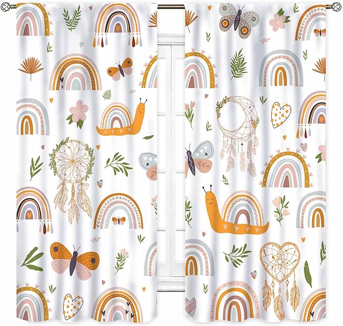 Boho Rainbow Curtains for Girls Bedroom, Bohemian Cute Lovely Butterfly Floral Rainbow Print Pastel Baby Kids Girls Bedroom Living Room Nursery Playroom Classroom Curtains for Windows, 42"x63" Inch