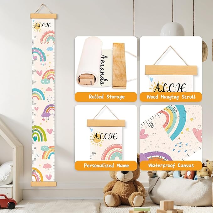 Personalized Name Kids Growth Chart, Watercolor Animal Canvas Baby Height Growth Chart Wall Decor for Baby Kids Toddlers (Rainbows)
