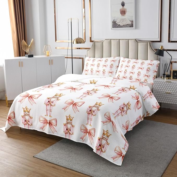 Cartoon Nutcracker Kids Bedspread Queen Size,Pink Bowknot Romantic Princess Coverlet Set,Girls Women Room Decor,Ballet Merry Christmas Bow Tie Quilted Coverlet,Dreamy Bedding Quilt,2 Pillowcases