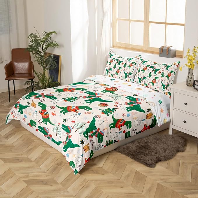 Christmas Bedding Set for Kids Boys Girls Cartoon Dinosaur Christmas Tree Comforter Cover Set Snowman New Year Duvet Cover Bedroom Decor Xmas Theme Bedspread Cover Queen Size Bedding Collection 3Pcs