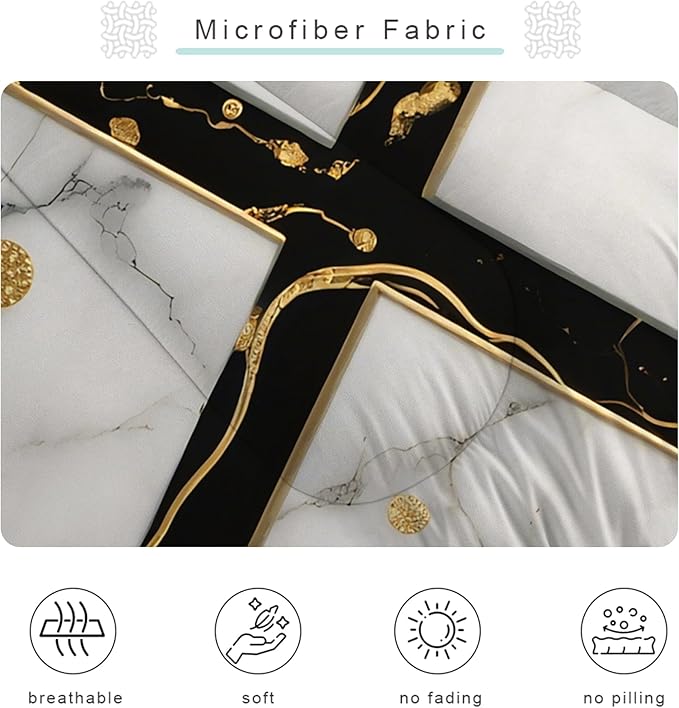 Geometric Marble Comforter Set: Full Size White Black and Gold Bedding Sets Rhombus Geometry Abstract Marbling Quilt 3PC Bed Set 1 Comforter & 2 Pillowcases